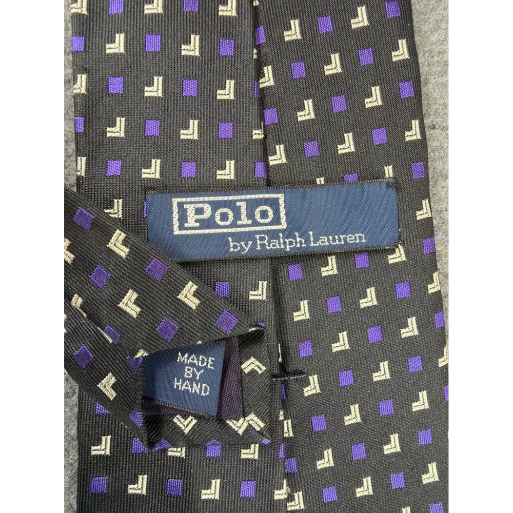 Polo Ralph Lauren Tie Mens Black Purple Geometric 100% Silk Hand Made USA‎